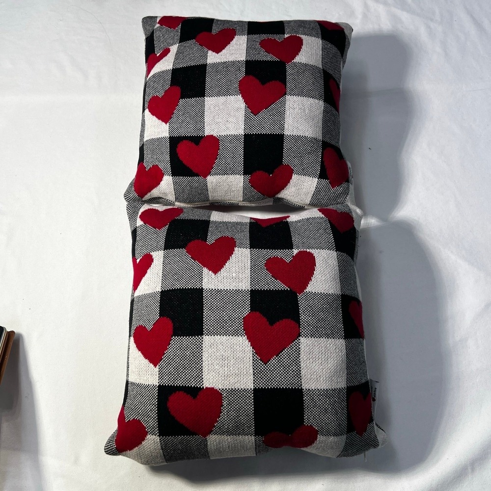 Cute throw pillows 12x12 black buffalo plaid w hearts cozy cottage decor granny